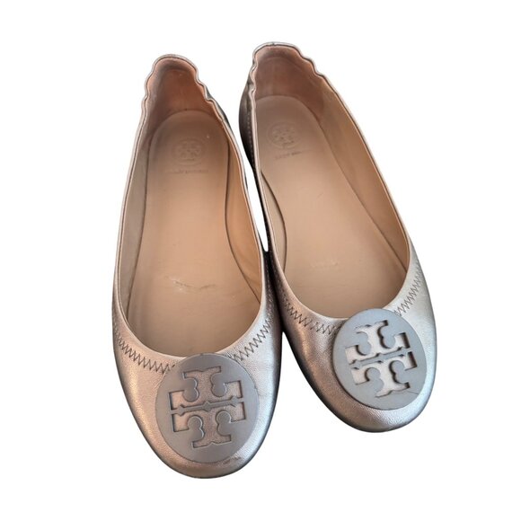 Tory Burch Metallic Rose Gold Leather Ballet Flats Scalloped Edge & Logo 6.5M - Picture 2 of 11